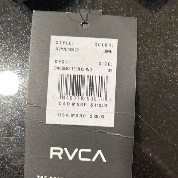RVCA Daggers Slim Straight Fit. Stretch. Quick Dry/Moisture Wicking Size 34 - Picture 4 of 6